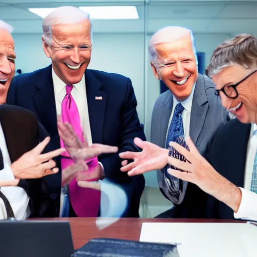 Image similar to stock photo of kim kardashian, joe biden, and bill gates wearing suits and ties laughing in an office building, 8k resolution, full HD, cinematic lighting, award winning, anatomically correct