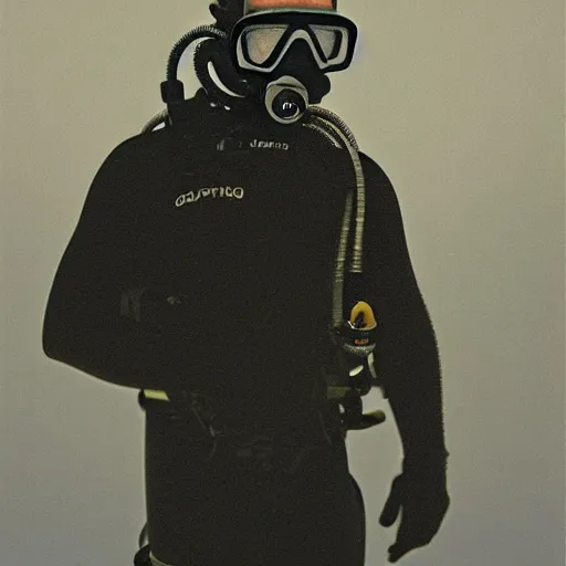 Image similar to ghost scuba diver wearing copper four light, twelve bolt diving helmet, heavy diving gear, emerging from the ocean at night in the style of ghost of captain cutler