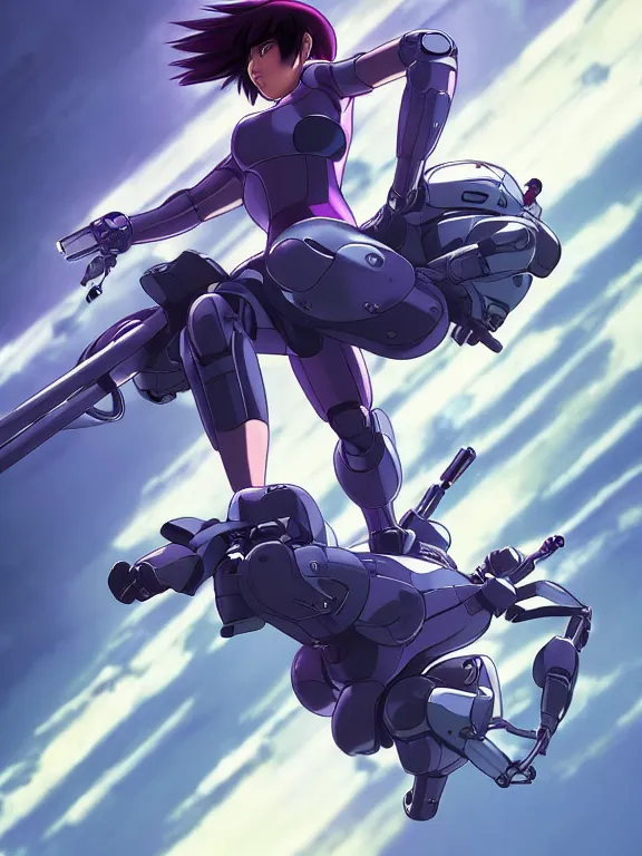 Image similar to a fullbody action still of motoko kusanagi riding on top of a tachikoma, the major ghost in the shell : : stand alone complex, under repairs, maintenance : : by ilya kuvshinov, rossdraws, artgerm, sola digital arts, anti aliasing, raytracing : :