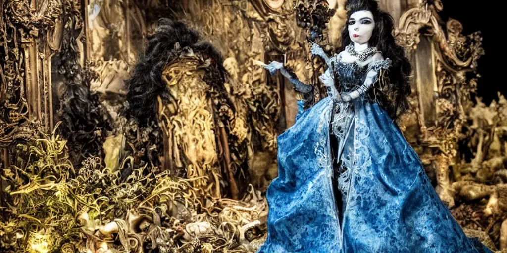 Prompt: photo taken of an epic intricate, ultra detailed, super realistic stop motion puppet of a majestic gracious regal aristocratic brunette female vampires in a night time graveyard filmset created by weta workshop and tim burton, menacing, wide angle, moody full body shot, photorealistic, sharp focus, gloomy, extremely cold blueish colour temperature, 3 5 mm, f 1. 4