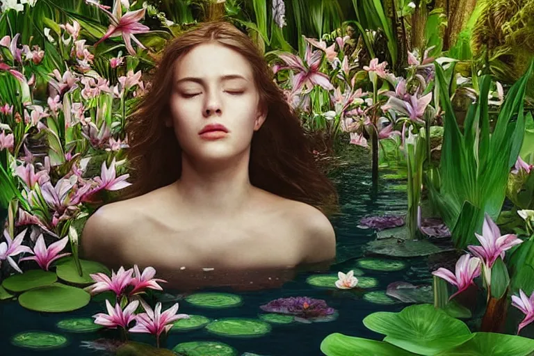 Image similar to hyperrealistic cinematic 3 d portrait of a woman's head and shoulders floating in a pond, surrounded by a forrest of lillies, deep focus, intricate, elegant, highly detailed, matte, sharp focus, by bill henson and gregory crewdson and james jean