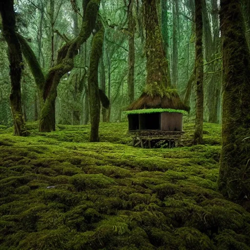 Prompt: A forest full of trees and moss, the scene contains a singular hut with a strange figure standing nearby, Photography, dark, intricate cube, Bleda, Elsa