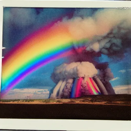 Image similar to polaroid photo of colorful rainbow over the nuclear explosion