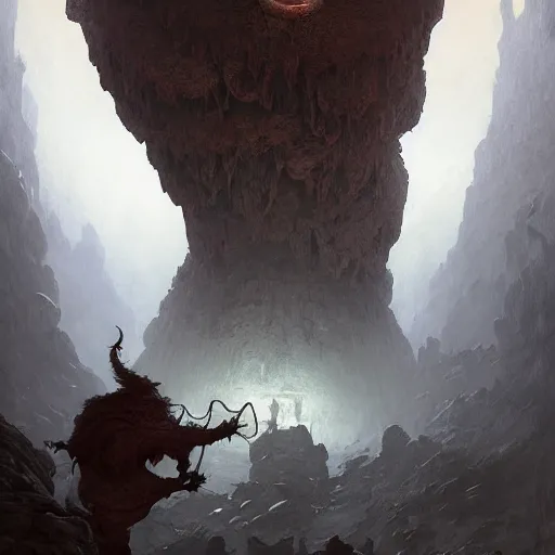 Prompt: A gully-dwarve fighting a Beholder in a cavern in the Underdark, wide view, intricate, Dungeons and Dragons, highly detailed, artstation, concept art, smooth, sharp focus, illustration, art by greg rutkowski and orientalism and bouguereau and Zdzislaw Beksinski, good clear quality, lighting, biology, symmetrical artwork, perfect face, 135 mm, cinematic, hyper realism, high detail, octane render, 8k, chrome accents