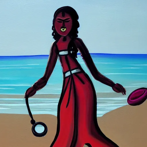 Image similar to painting of 3 5 year old mediterranean skinned woman in ancient canaanite clothing dancing with a tambourine by the ocean, sunset, other women dancing behind, trending on art station