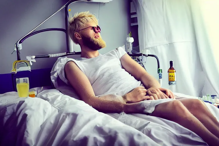 Prompt: “Blond man with big beard having happy summer vacation in Hospital bed with IV therapy stand. Drink in hand. Beautiful women around him. In the style of retro advertising. Colofur. Detailed.”