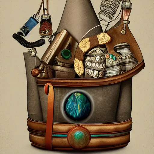 Prompt: Another dimension universe inside ampoules and alambics in a surreal ancient doctor's bag, intricated detailed, soft painting depth of field, trending on artstation