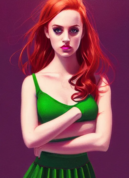 Image similar to full body portrait of teenage cheryl blossom, bangs, green eyes, sultry expression, red hair, sultry smirk, bangs and wavy hair, pink skirt, bangs, intricate, elegant, glowing lights, highly detailed, digital painting, artstation, concept art, smooth, sharp focus, illustration, art by wlop, mars ravelo and greg rutkowski