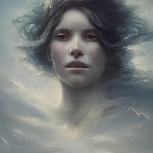 Prompt: a beautiful portrait of a wind goddess fading into the clouds by Greg Rutkowski and Raymond Swanland, Trending on Artstation, ultra realistic digital art