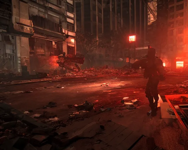 Image similar to duke nukem battling his way through a destroyed la, night, ran, pigsoldiers, rendered in cryengine, volumetric lighting, rtx on