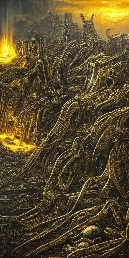 Image similar to great bitcoin crash, single rusted bitcoin, apocalyptic famine poverty and war, planet burning due to mining, h. r. giger, dark fantasy painting featured artstation