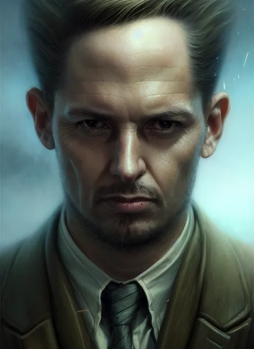 Prompt: closeup portrait shot of a detective in a scenic dystopian environment, intricate, elegant, highly detailed, centered, digital painting, artstation, concept art, smooth, sharp focus, illustration, artgerm, tomasz alen kopera, peter mohrbacher, donato giancola, joseph christian leyendecker, wlop, boris vallejo