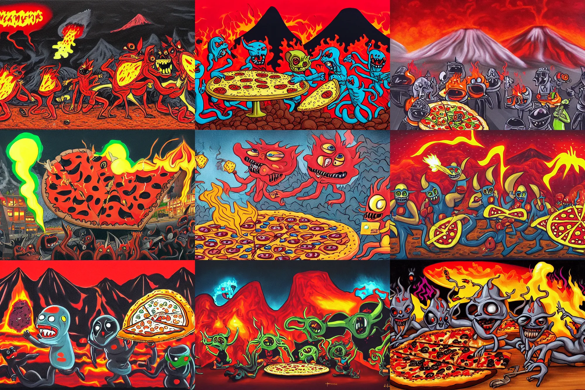 Prompt: masked demons grabbing a large pizza!!!, in the background is a volcano spewing lava and black smoke, streams of glowing hot lava, flashes of lightning in the distance. wide angle, long shot, an ultrafine detailed painting by hariton pushwagner, deviantart, pop surrealism