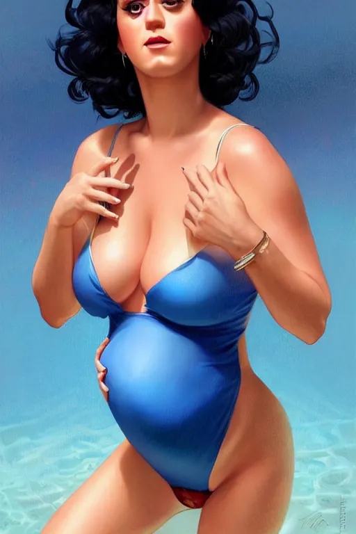 Prompt: pregnant katy perry in a blue bikini, realistic portrait, symmetrical, highly detailed, digital painting, artstation, concept art, smooth, sharp focus, illustration, cinematic lighting, art by artgerm and greg rutkowski and alphonse mucha