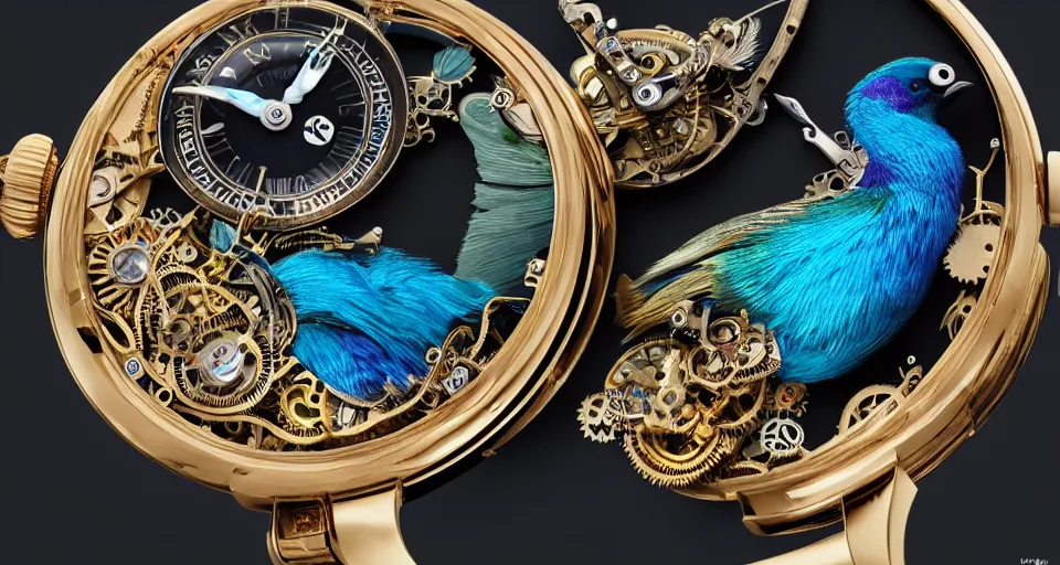 Image similar to a steampunk sleek, jewelled, tropical bird repeater watch by Jaquet Droz, highly detailed illustration highlights, gold and silver highlights, neon blue highlights, macro photography, F/2.8, trending on artstation, octane render