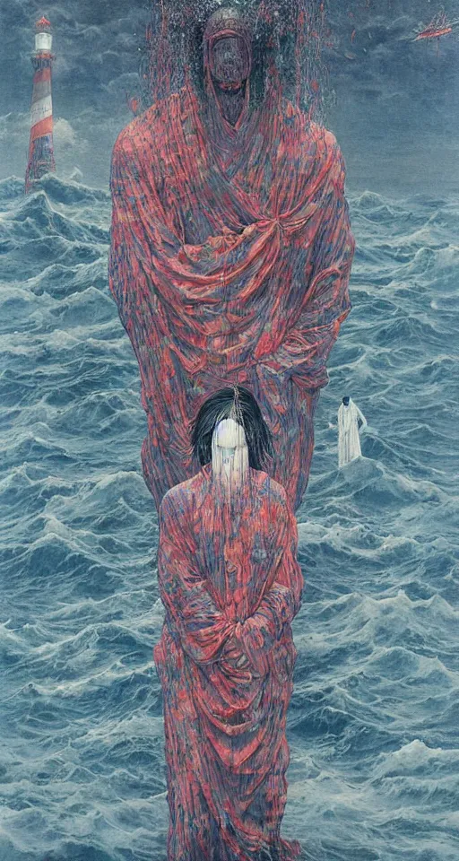 Image similar to worshippers in robes belonging to the cult of the lighthouse standing in waves, a lighthouse, high detailed Beksinski painting, part by Adrian Ghenie and Gerhard Richter. art by Takato Yamamoto. masterpiece, deep colours, blue