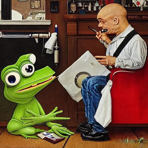 Image similar to pepe the frog at the barbershop by norman rockwell