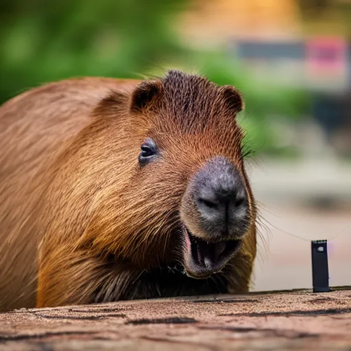 Image similar to cute capybara eating a neon nvidia gpu, chewing on a video card, cooling fans, soft blue lights, wildlife photography, bokeh, sharp focus, 3 5 mm, taken by sony a 7 r, 4 k, award winning