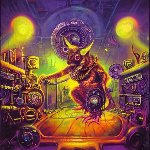 Image similar to steampunk rat, acid, 303, psychedelic, by paul lehr, cd cover for techno artist