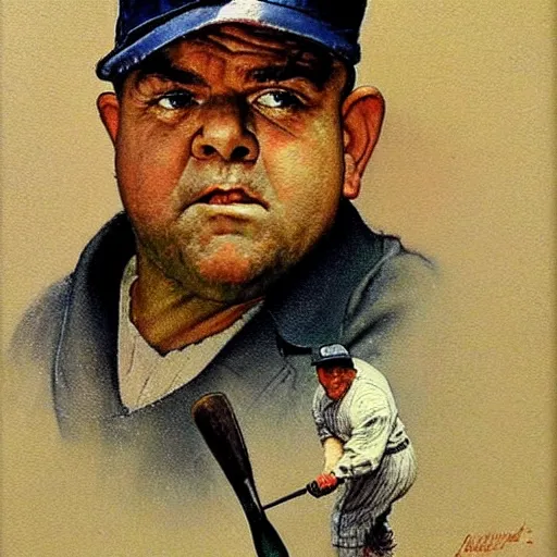 Image similar to a portrait painting of Babe Ruth. Painted by Norman Rockwell