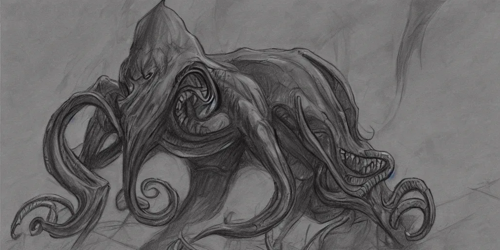 Image similar to mat painting, milt kahl pencil sketch great cthulhu rises from the ocean to consume a city, loomis