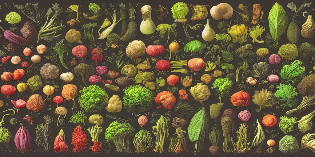 Prompt: full color page scan catalogue of various vintage fantasy vegetables illustrations on black background, in matte painting, 2 d, kitbash, 4 k