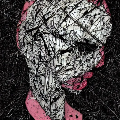 Image similar to face shredded like paper, dark horror, surreal, illustration, by ally burke