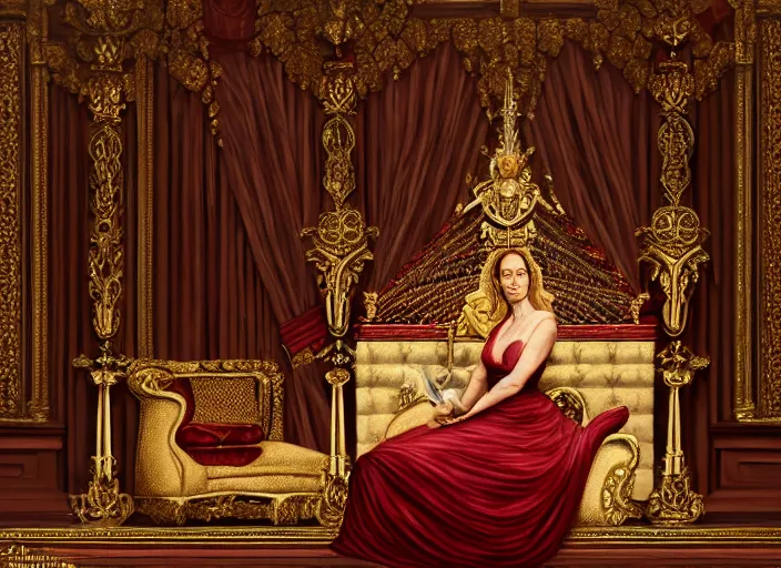 Image similar to a victorian agebthrone romm with emily blunt as queen on the throne, jewelry, greek, ruby, victorian age, 1 8 9 0, intricate, headshot, key visual, conceptart, ambient lighting, highly detailed, digital painting, artstation, concept art, sharp focus, by makoto shinkai and akihiko yoshida and greg manchess