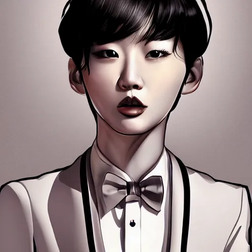 Image similar to portrait of a beautiful korean girl wearing a men's tuxedo, with short messy hair, men's haircut, angular features, angry expression, digital art, elegant pose, detailed illustration