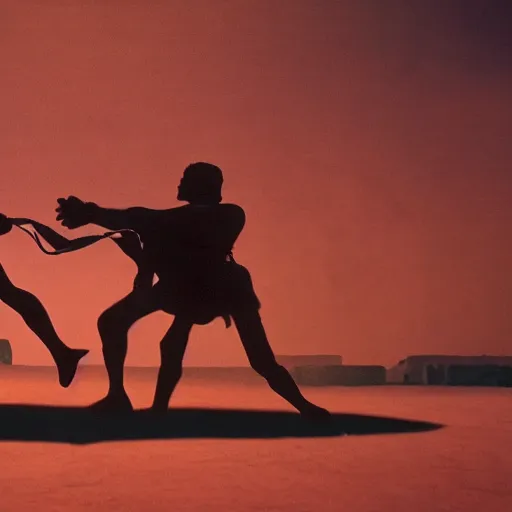 Image similar to cinematic still of silhouettes of two Mediterranean skinned men fighting in ancient Canaanite clothing, wrestling, knife, middle eastern field background, red hues, directed by Russell Mulcahy