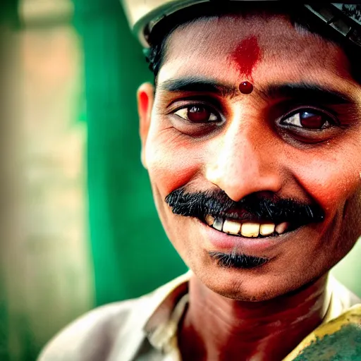 Image similar to a dramatic photograph of worker from india, beautiful smile, cinematic lighting