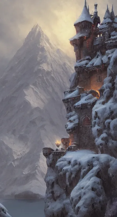 Image similar to a painting of a castle in the middle of a snowy mountain, a detailed matte painting by andreas rocha and greg rutkowski, featured on artstation, fantasy art, matte drawing, matte painting, artstation hq