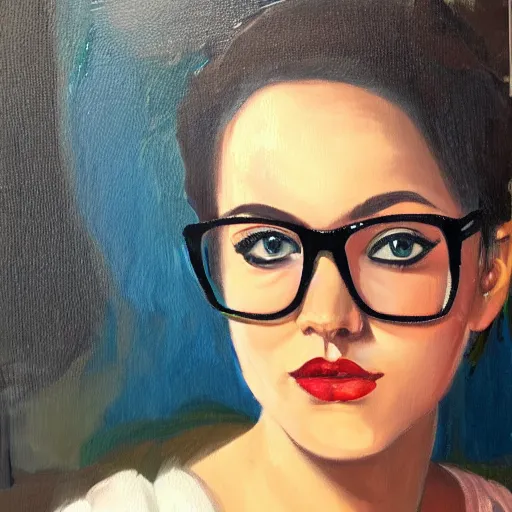 Prompt: oil painting portrait of beautiful women with big nerdy glasses, 4k