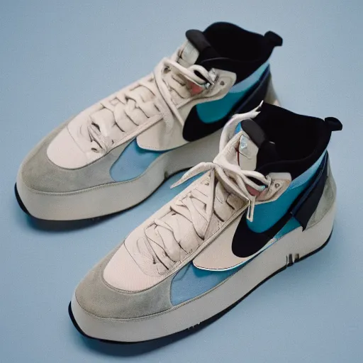 Prompt: a studio photoshoot of A Nike ACG sneaker designed by Virgil Abloh, leather and suede, Off-White, realistic, color film photography by Tlyer Mitchell, 35 mm, graflex