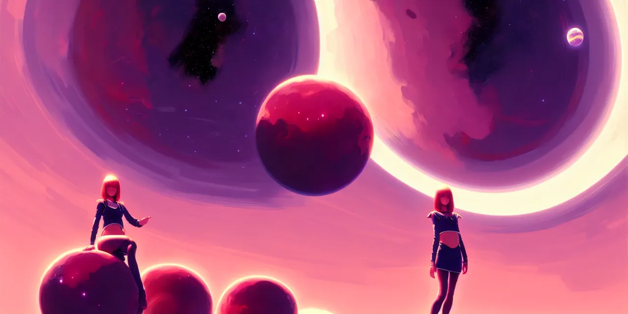 Prompt: girl in space, floating beside planets, symmetrical face and body, dynamic composition, detailed designs, digital painting, 4 k, by ilya kuvshinov, by greg rutkowski, atmospheric lighting