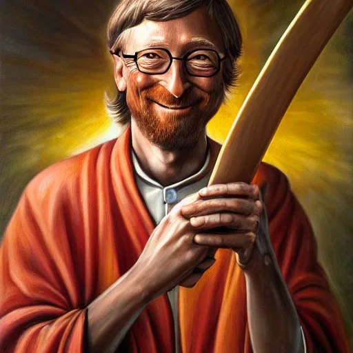 Image similar to a detailed fantasy character painting of Bill gates holding a giant cricket, dressed like Jesus Christ, by lauri blank, artgerm, evelyn de morgan, 8K, 50mm lens