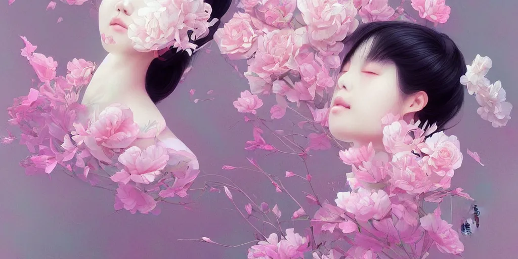 Image similar to highly detailed pastel colors of an ethereal asian beauty morphing gradually into flowers, by artgerm and hsiao - ron cheng, smooth composition, fine patterns and detail