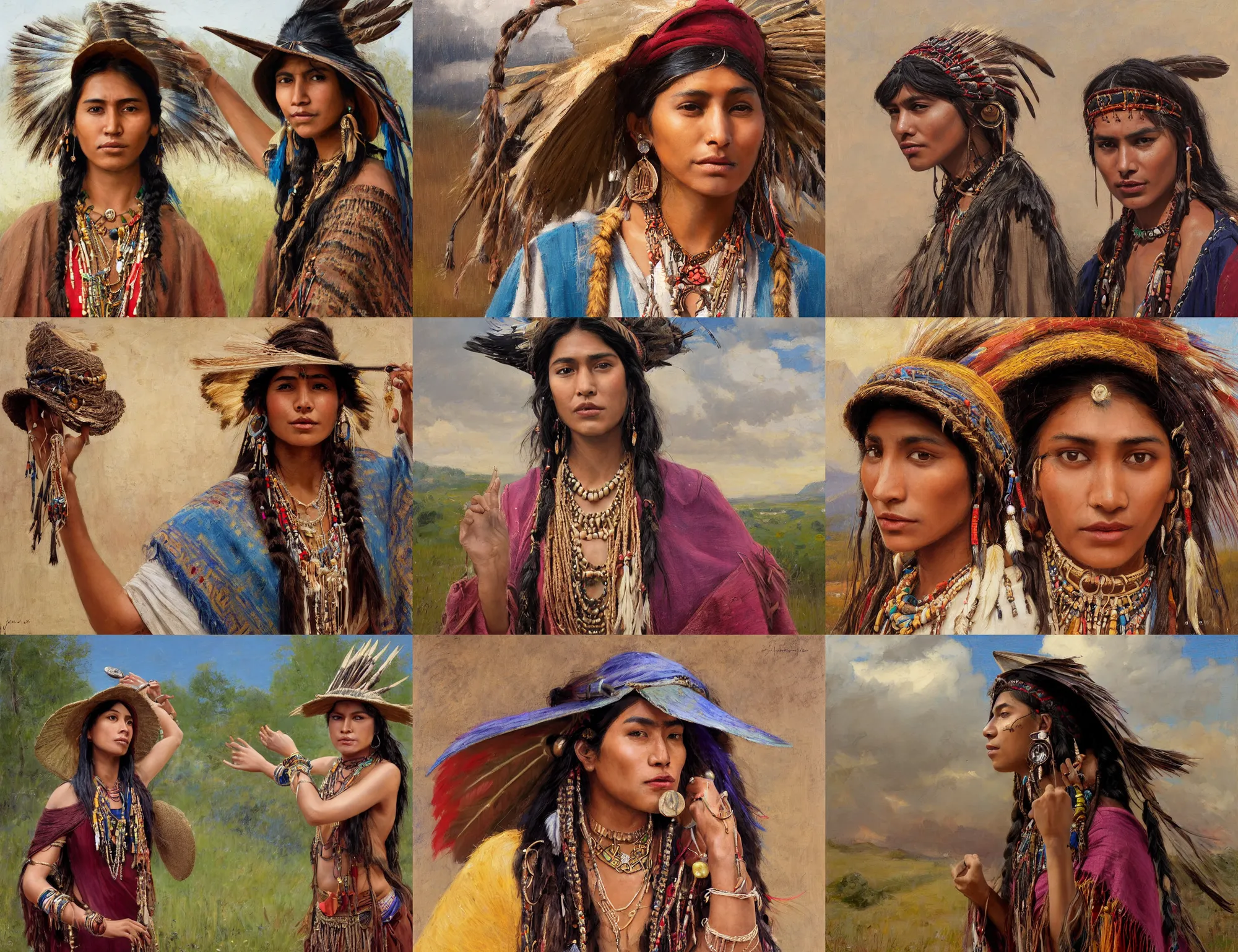 Prompt: portrait of medieval farmer fashionable young native indian asian woman with wooden jewelry, frantic dancing pose, mediterranean features, wearing rich jewerly and hat and boho poncho, shaman witch, fantasy character close up portrait, low view, extremely strong wind, thunder clouds in the sky, artwork by Jeremy Lipkin and Giuseppe Dangelico Pino and Michael Garmash and rob rey, levitation, industrial rusty pipes, simple form, brutal shapes