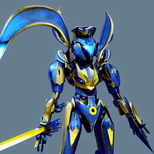 Prompt: blue anthro mecha dragon holding a yellow sword, photorealistic, 4k, artstation, 8k wallpaper, unreal engine 5, ue5