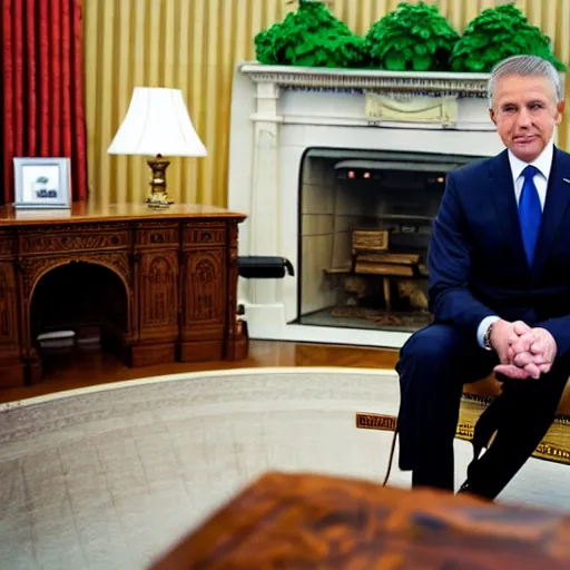 Prompt: Cat in a dress suit sitting in the White House Oval Office, high quality photo