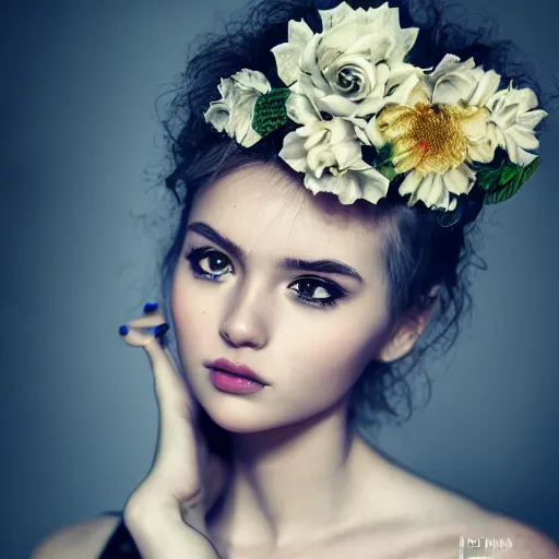 Image similar to dslr photo of a beautiful female with detailed face, wearing flowers, artgerm, artstation, extremely high quality, moody lighting, photography by deviantart, 8 k