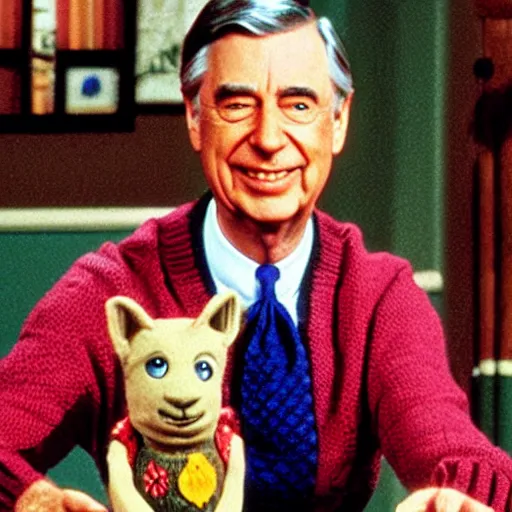 Prompt: mr. rogers has slinkies for hands, color photo