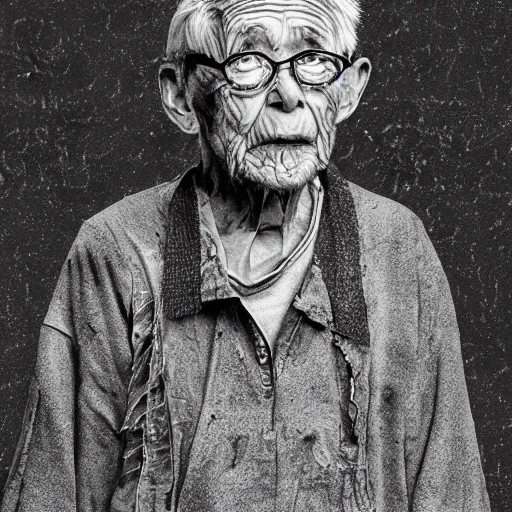 Image similar to detailed digital art of a old person wearing ragged and ruined clothes. the background is black with a little bit of glow behind the character