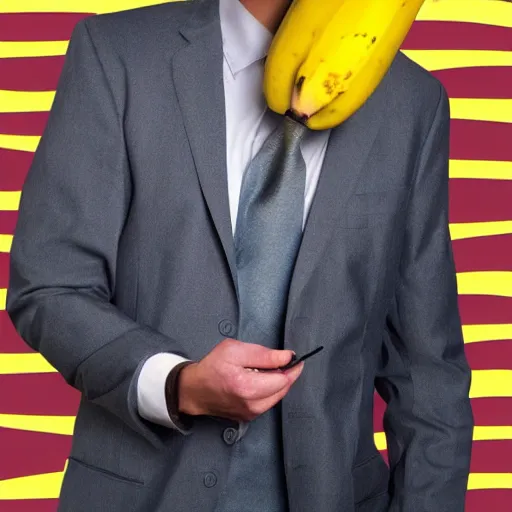 Image similar to banana head, a man wearing a suit banana head