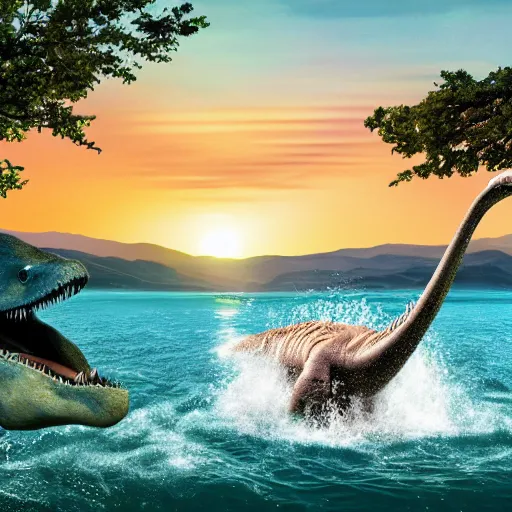 Image similar to a photo of a dinosaur swimming in a lake, realistic, ultra high detail, 8 k.