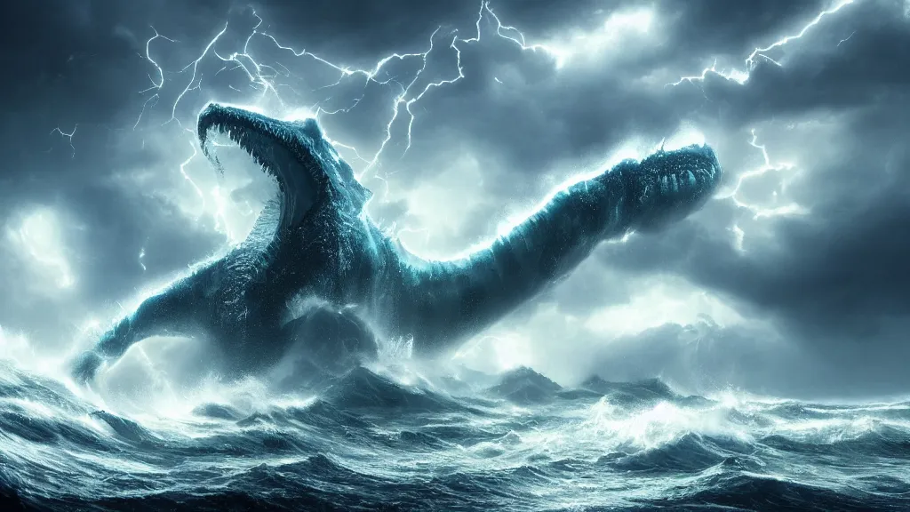 Prompt: A leviathan rising out of a stormy sea, waves, lightning, concept art, matte painting, 8k, highly detailed, artstation