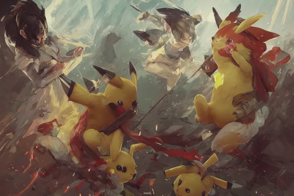 Image similar to bloody battle between two pikachu, highly detailed, digital painting, artstation, concept art, smooth, sharp, focus, illustration, art by artgerm and greg rutkowski and alphonse mucha