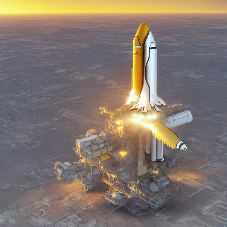 Image similar to “overly complex space shuttle about to blast off from the launch pad, concept art, high-def render, beautiful 3D render, yellow morning sunrise, 4K 3D”