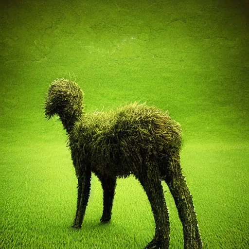 Prompt: A glitchy animal like creature standing in a lush green field, photograph, 2010 photograph, eerie