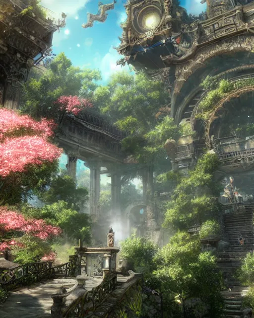 Image similar to portal to paradise, 8 k high definition, very unique, advanced technology, beams of energy, pathway, flowers, machines, insanely detailed, intricate, art by akihiko yoshida, antilous chao, woo kim